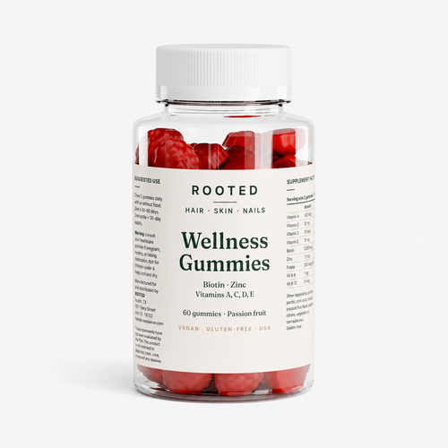 ROOTED Hair, Skin & Nails Wellness Gummies — 60-count bottle, front label