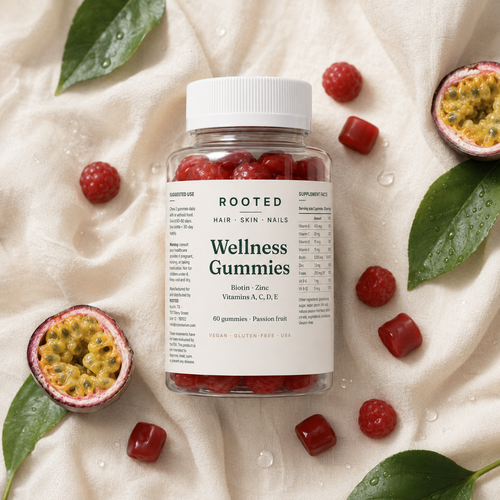 ROOTED Wellness Gummies bottle with fresh raspberries and passion fruit on linen