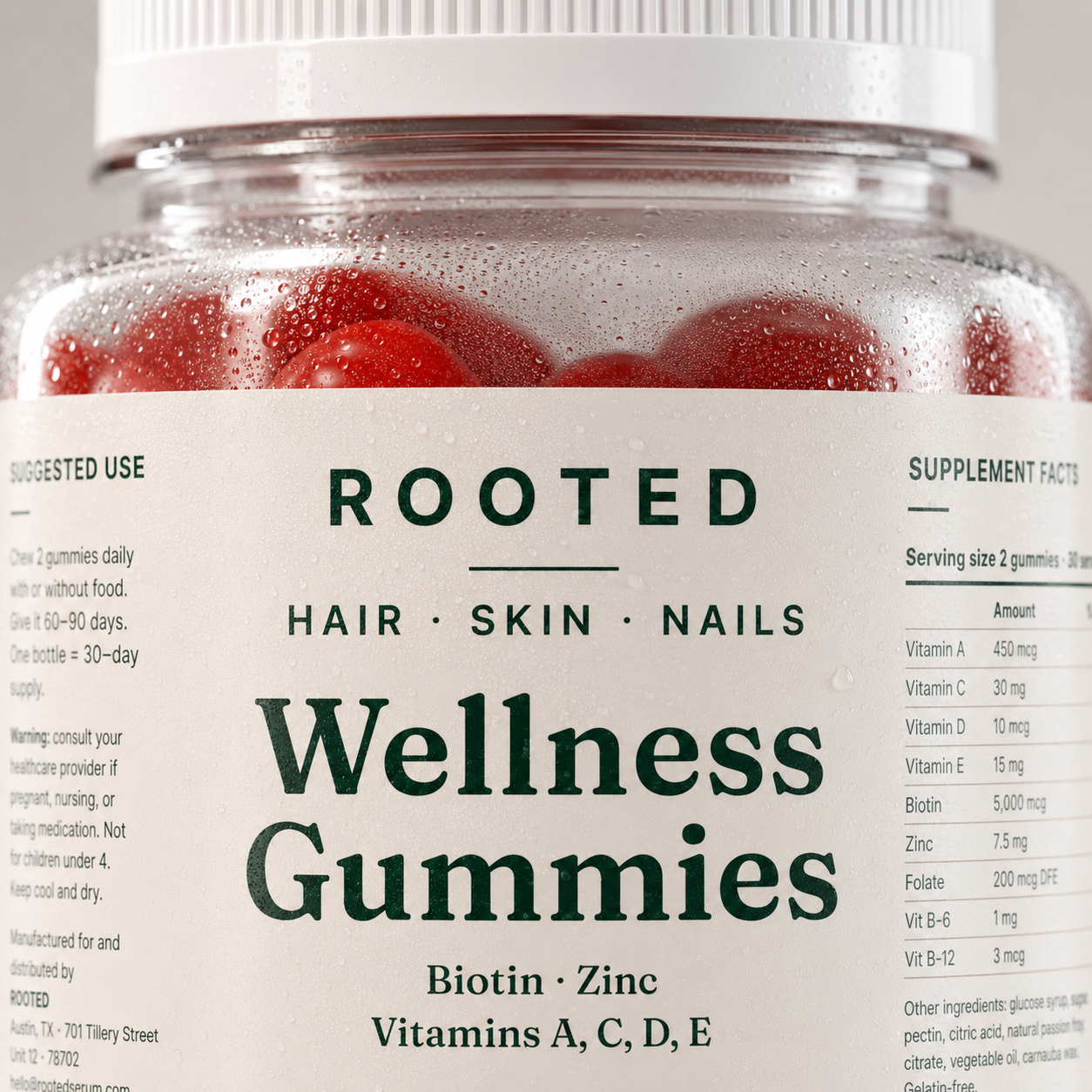Close-up of the ROOTED Wellness Gummies label and supplement facts