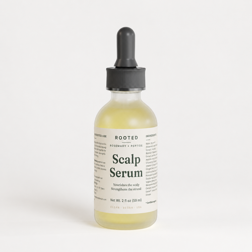 ROOTED Rosemary + Peptide Scalp Serum — 2 fl oz glass dropper bottle, front