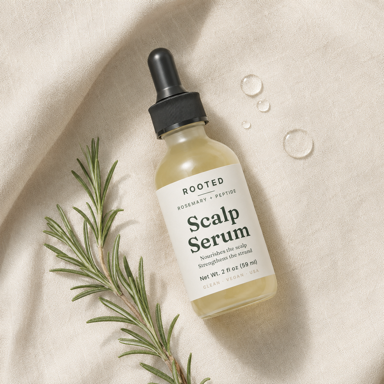 ROOTED Scalp Serum bottle on cream linen with a fresh rosemary sprig