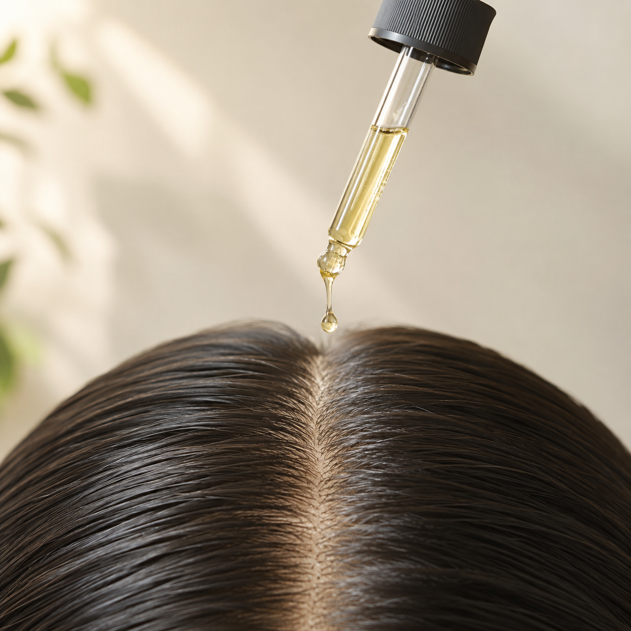ROOTED Scalp Serum dropper releasing a drop onto a clean hair parting